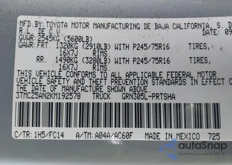 2019 Toyota Tacoma Sr5 V6 z USA, uszkodzony, nr VIN 3TMCZ5AN2KM192578